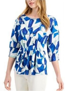 Alfani Blue & White Abstract Geometric Pullover Blouse Size XXL